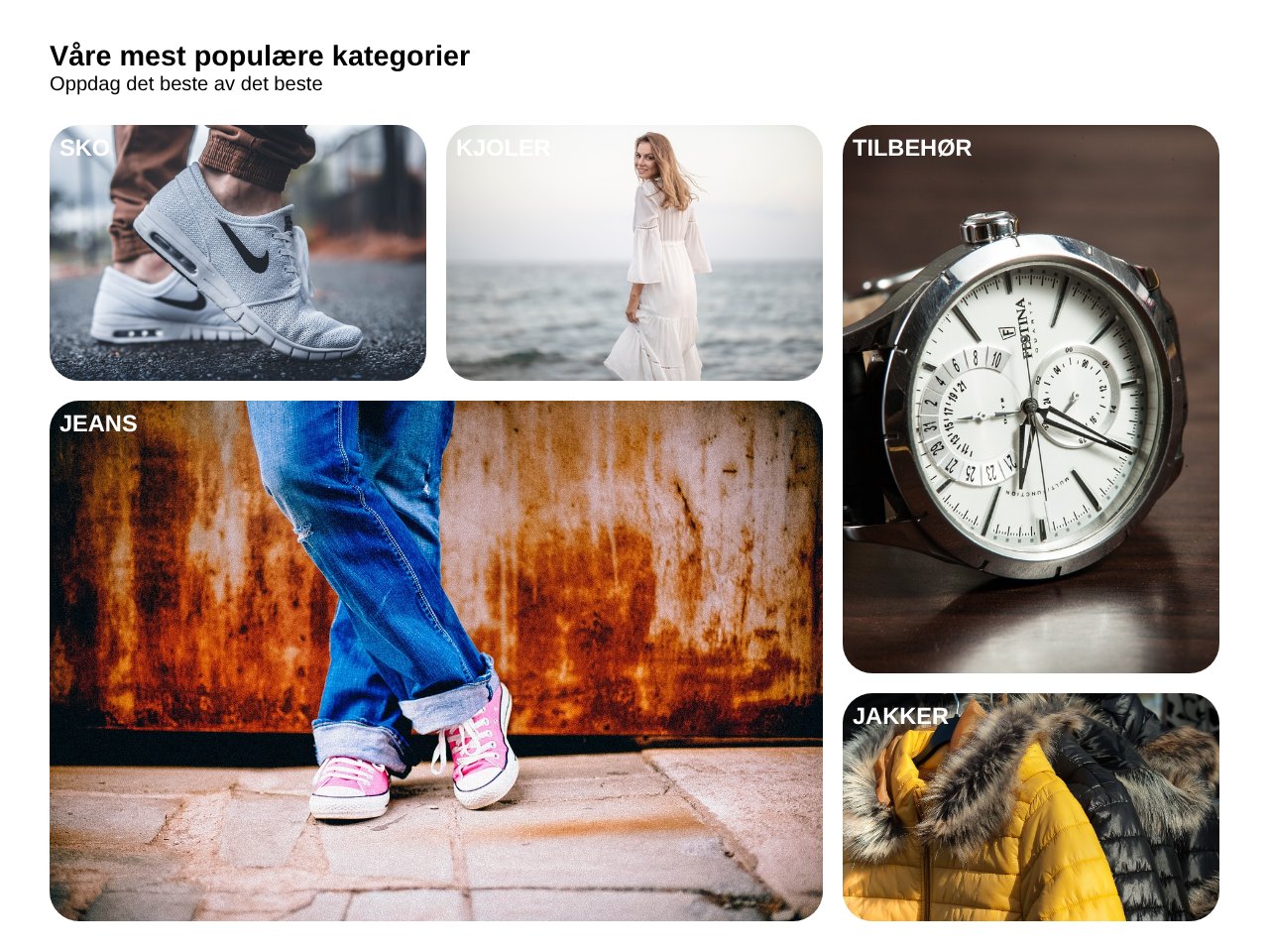Category section with photos of shoes, dresses, accessories, jeans and jackets in a grid
