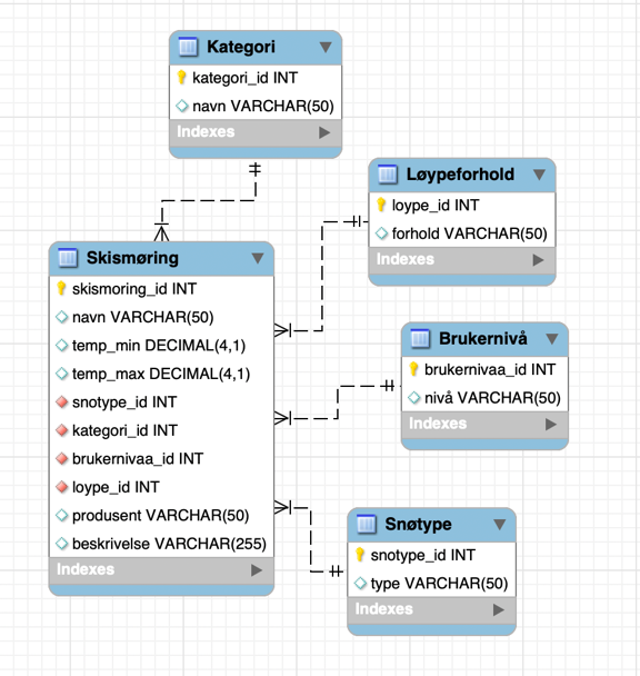 ER diagram with the wax table in the middle, linked to category, track condition, skill level and snow type